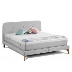 SmoodSpring Bett II - Webstoff / Eiche massiv - Lichtgrau - 140 x 200cm