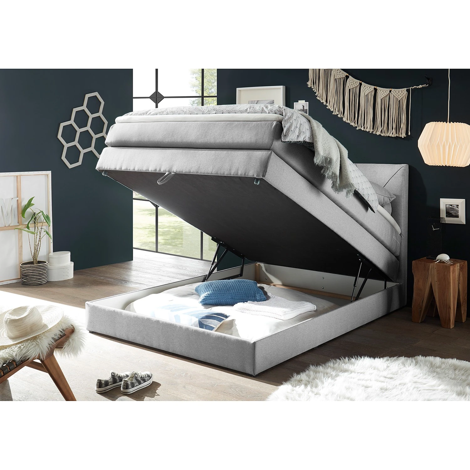 Loftscape Boxspringbett Griggs - Boxspringbett inkl. Topper und Bettkasten, ohne Dekoration Bezug: Webstoff - Silber - 140 x 200cm 4 Loftscape Boxspringbett Griggs - Boxspringbett inkl. Topper und Bettkasten, ohne Dekoration Bezug: Webstoff - Silber - 140 x 200cm – Bild 2