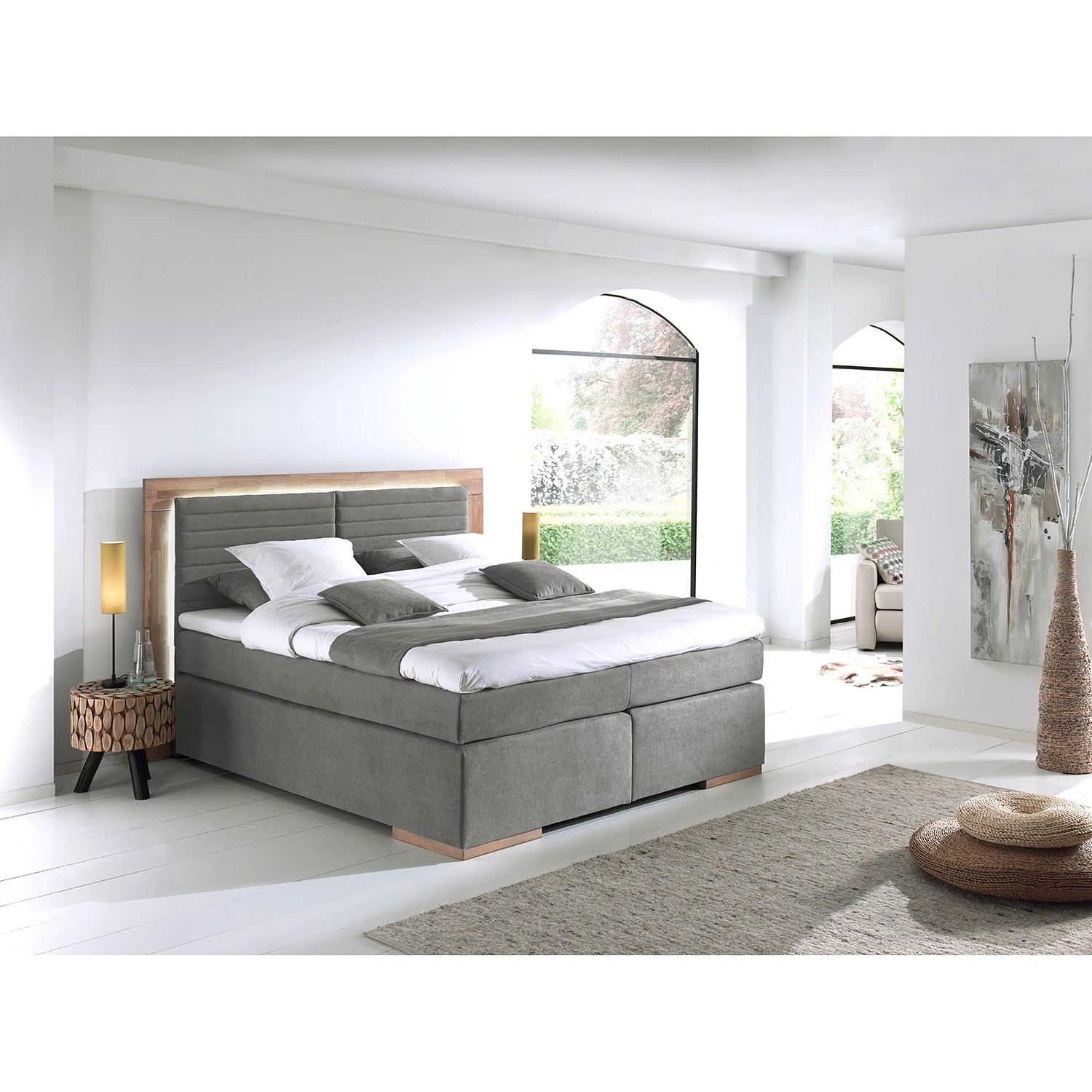 Naturoo Boxspringbett Marcel I - ohne Beleuchtung, Webstoff - Eiche, teilmassiv - Grau - 180 x 200cm - Doppelmatratze H2/H4 4 Naturoo Boxspringbett Marcel I - ohne Beleuchtung, Webstoff - Eiche, teilmassiv - Grau - 180 x 200cm - Doppelmatratze H2/H4 – Bild 2