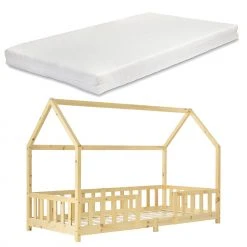 En.casa Kinderbett Sisimiut + Matratze - Braun - 200 x 140 x 90 cm