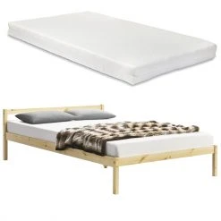 En.casa Holzbett mit Matratze - Beige - Breite: 186 cm